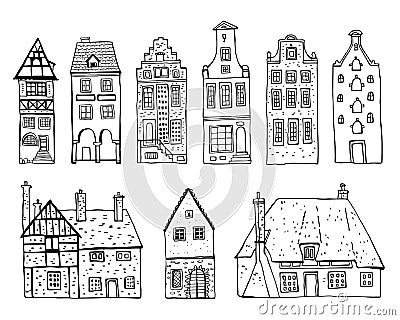 Vintage stone Europe houses. Set of old style building facades. Hand drawn outline vector sketch illustration Vector Illustration